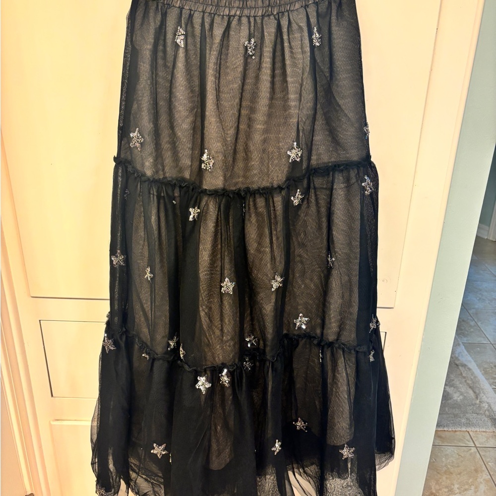 Endless Rose Black Maxi A-Line Skirt with Silver Embellishments